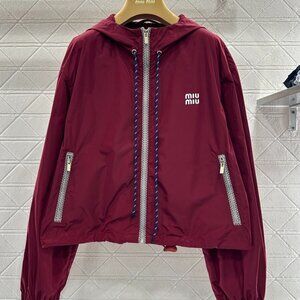 MIU MIU Women's Drawstring Hooded Zipper Long-Sleeved Short Jacket